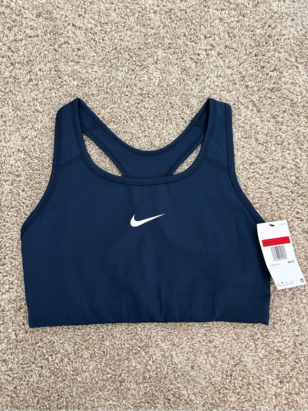 Nike Navy Blue Racerback Sports Bra with White Swoosh - Large